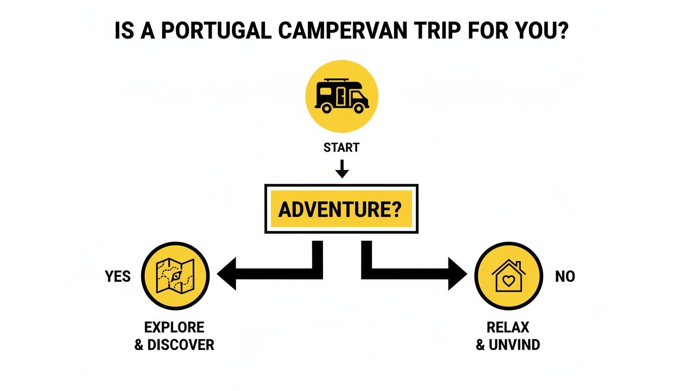 Flowchart asks if a Portugal campervan trip suits you: 'ADVENTURE?' leads to 'EXPLORE' or 'RELAX'.