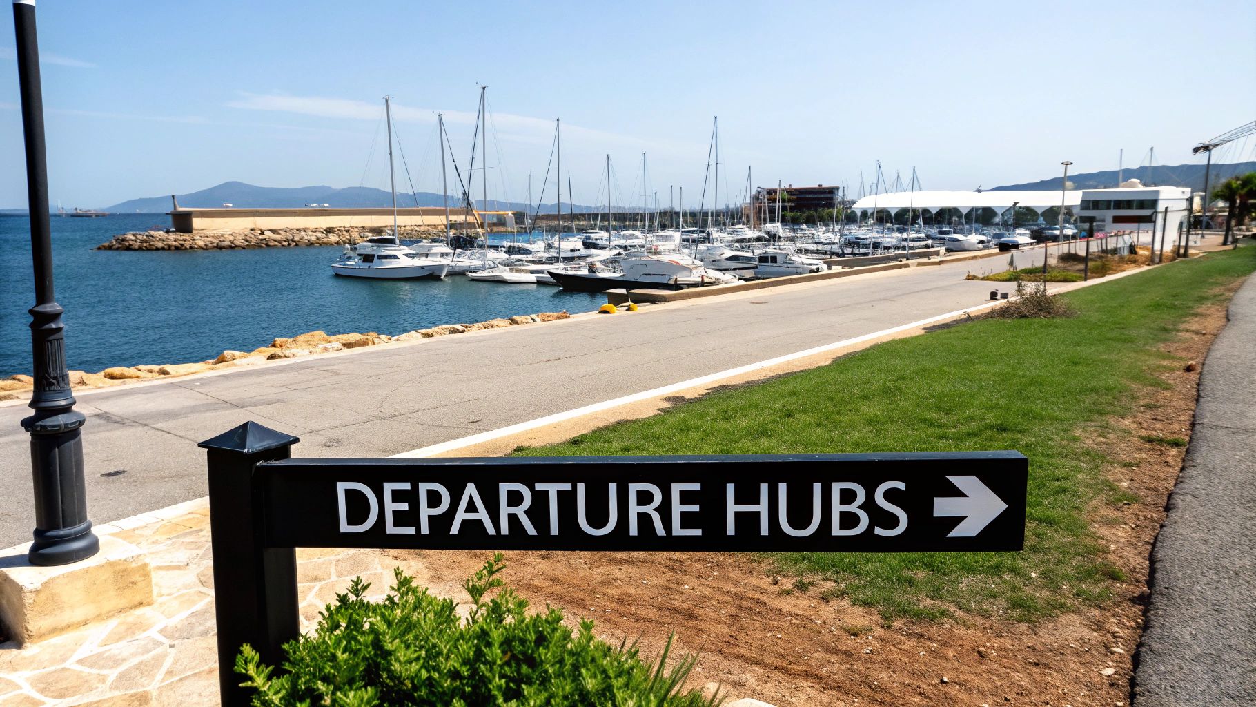 A sunny marina bustling with numerous boats and yachts, a road, green grass, and a 'Departure Hubs' sign.