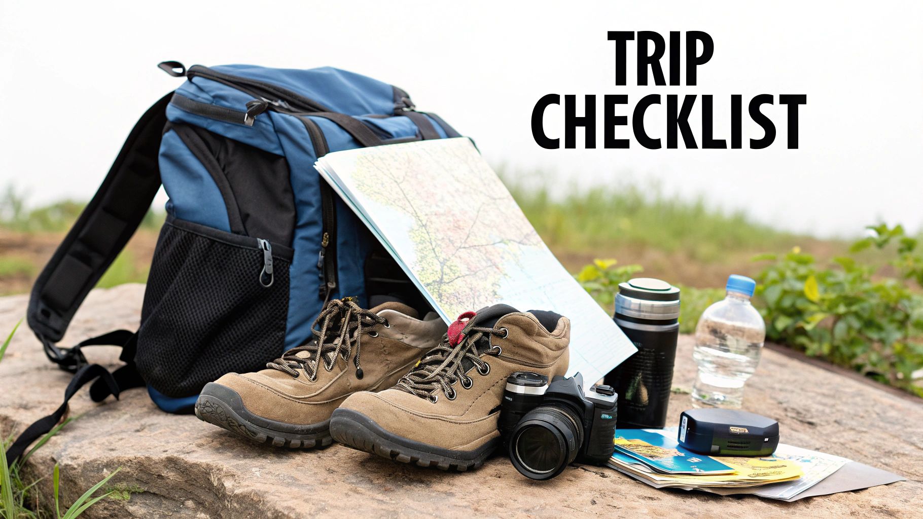 Hiking essentials like a blue backpack, boots, map, camera, water bottle, and thermos on a rock outdoors with 'TRIP CHECKLIST' text.