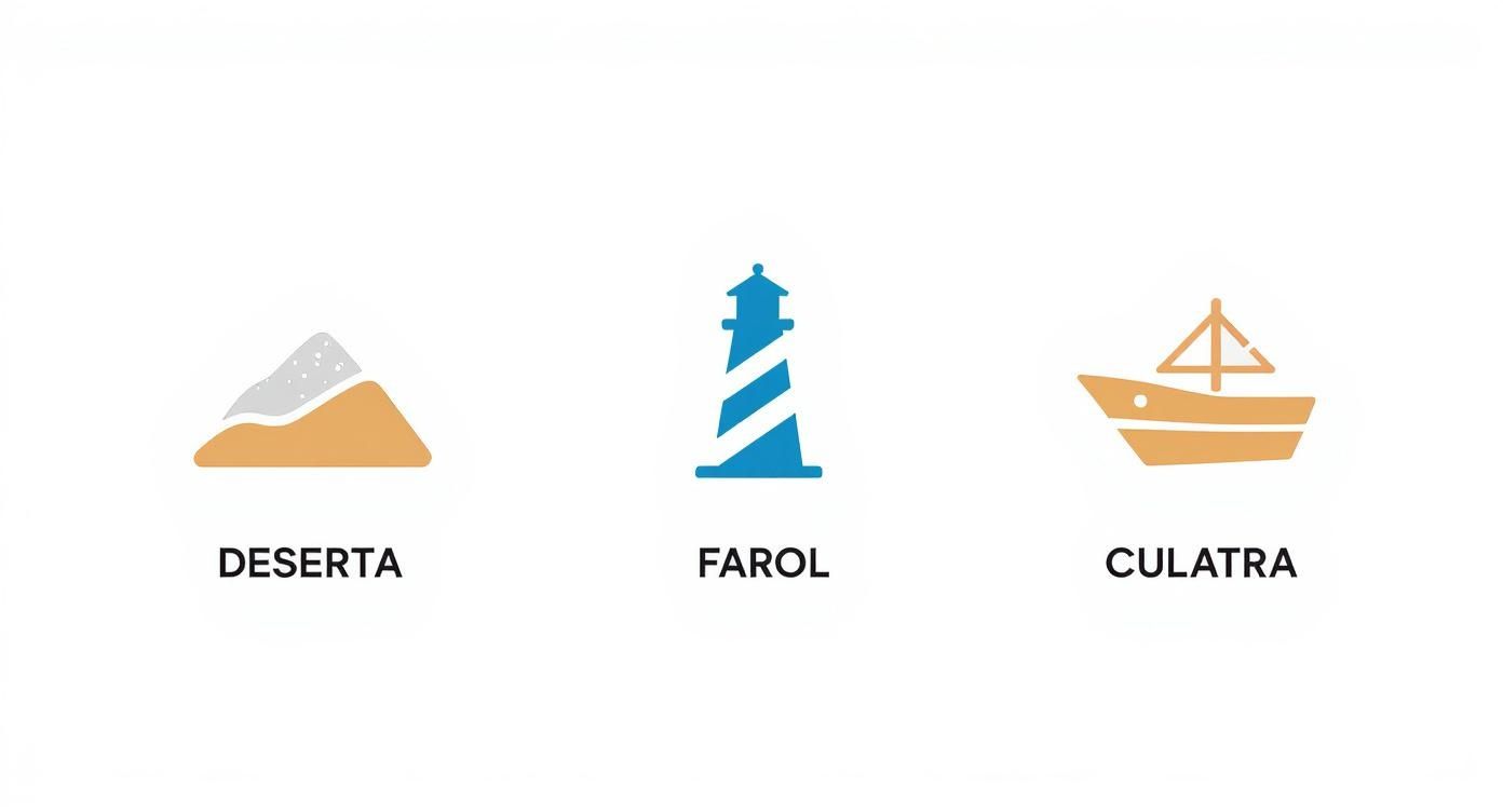 Three icons representing a sandy island, a lighthouse, and a sailboat, labeled Deserta, Farol, and Culatra.