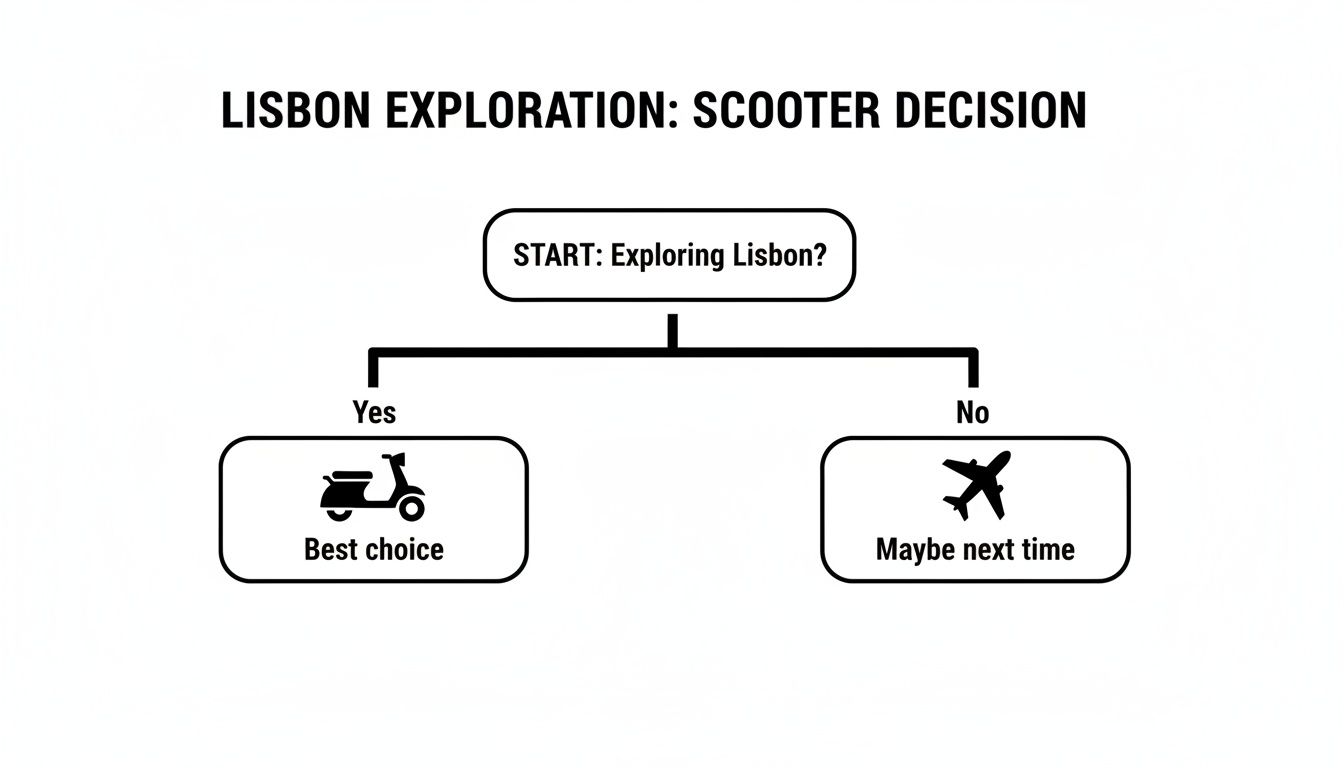 A flowchart showing that exploring Lisbon makes a scooter the best transportation choice.