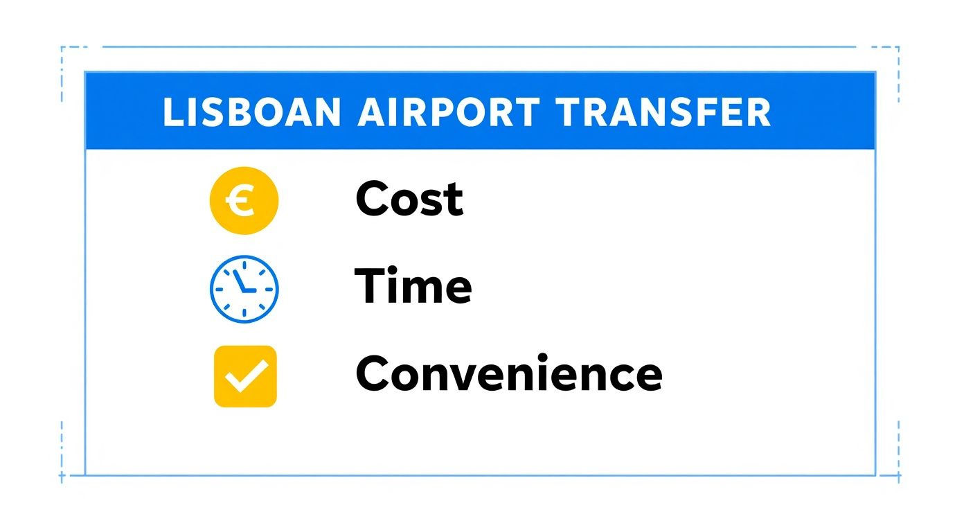 Infographic comparing lisbon airport transfer options by cost, time, and convenience.