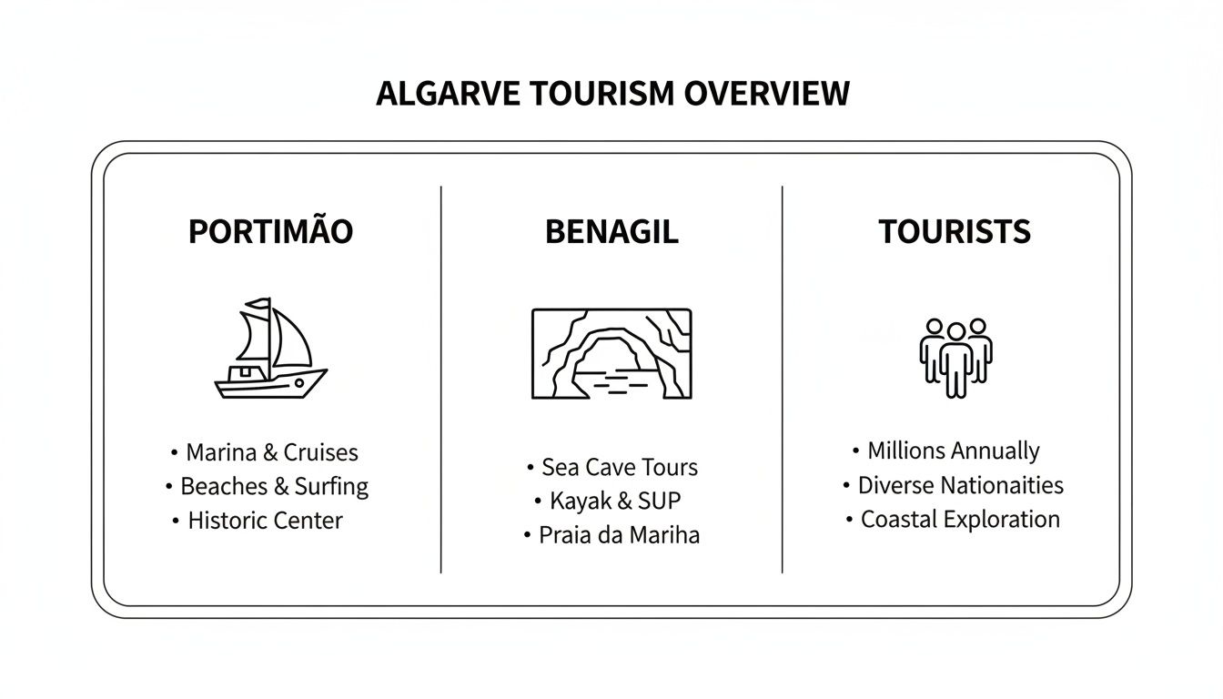 An infographic overviewing Algarve tourism, detailing activities in Portimão and Benagil, and tourist characteristics.