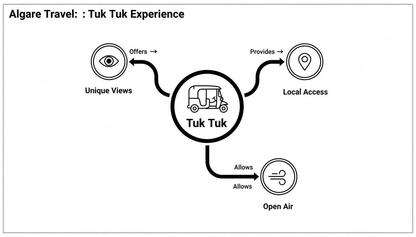 Diagram illustrating the benefits of Alagare Travel's Tuk Tuk experience: unique views, local access, and open air.