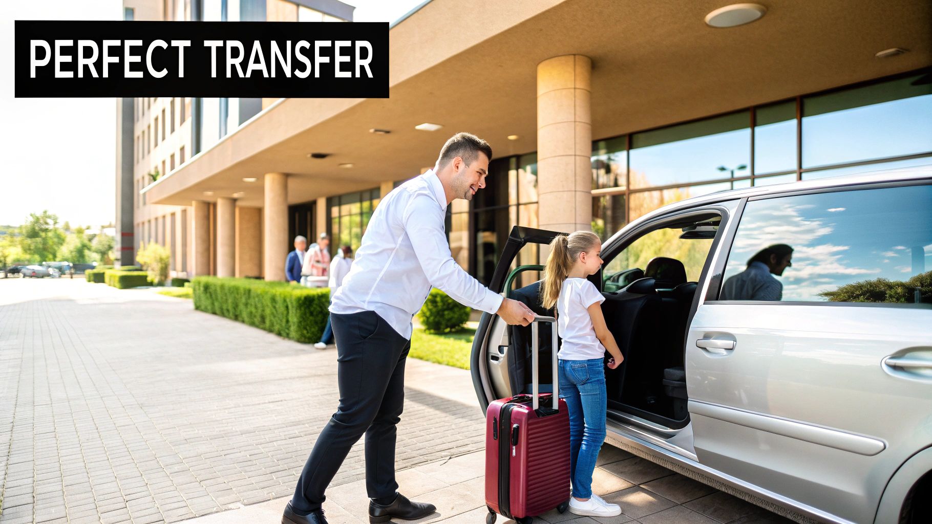 A smiling man helps a young girl with her red suitcase get into a silver car for a transfer.