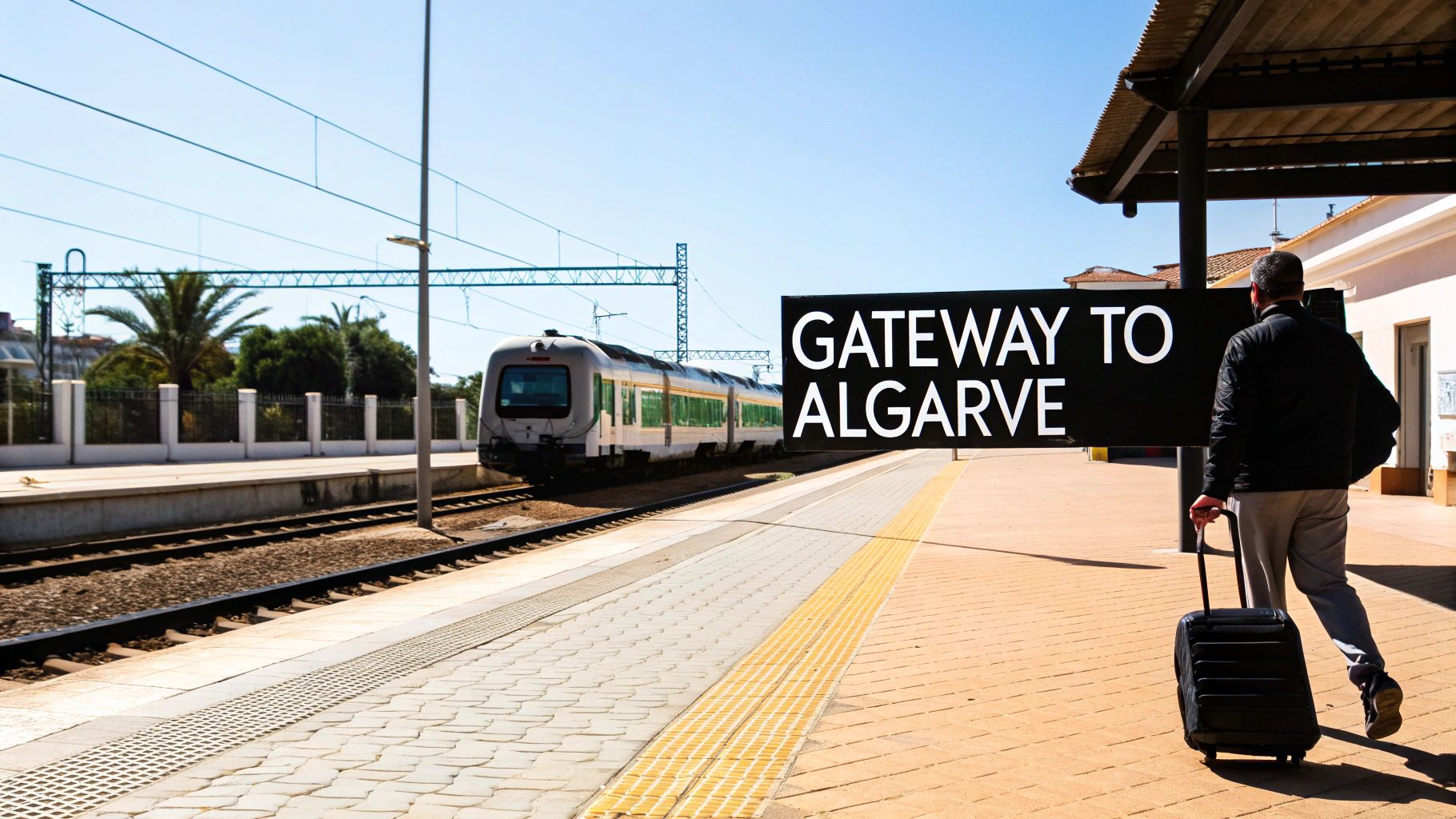 Traveler with luggage at a sunny train station platform as a train approaches, beside a 'Gateway to Algarve' sign.