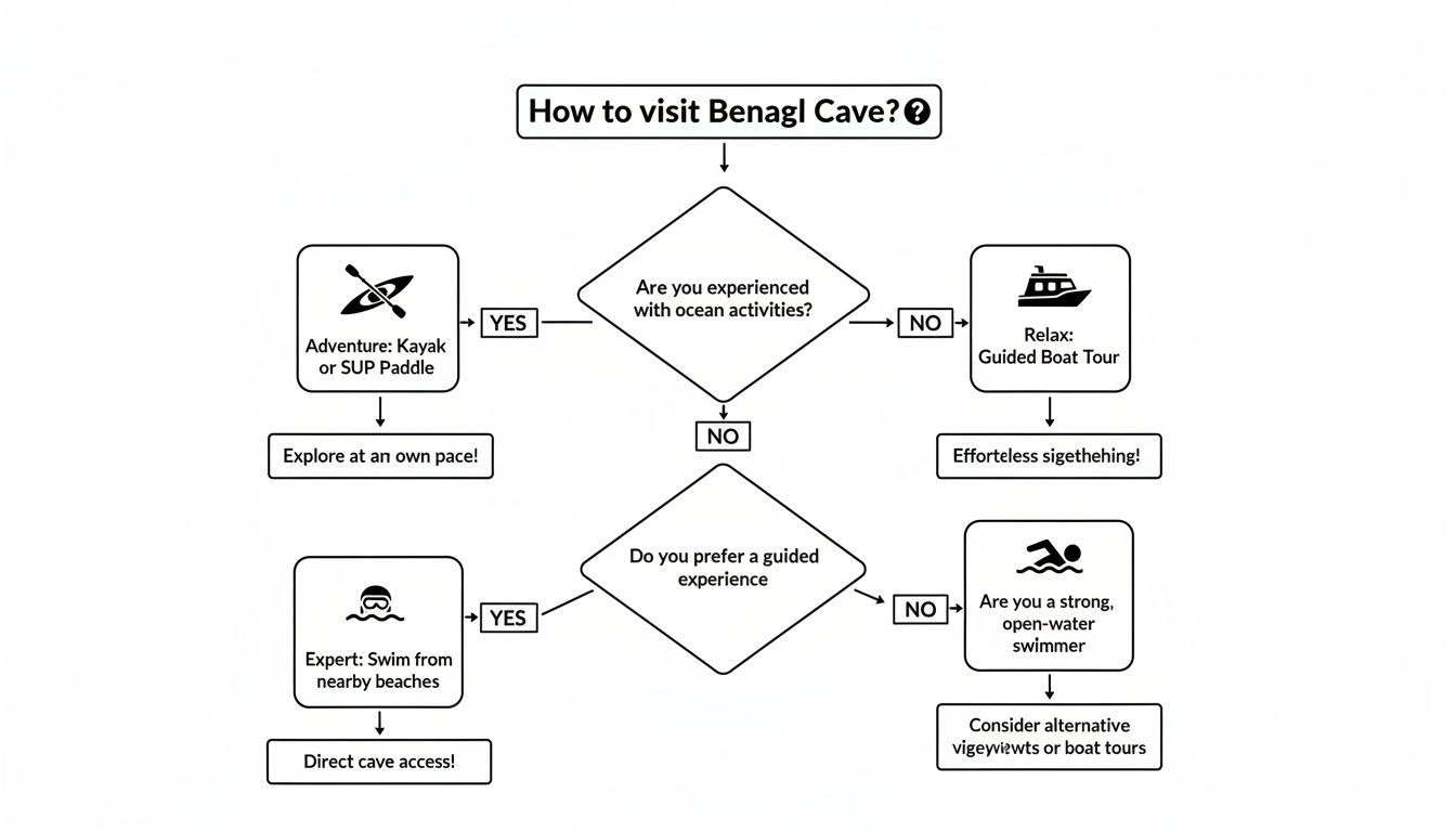 Flowchart detailing various ways to visit Benagil Cave, from kayaking to boat tours or swimming.