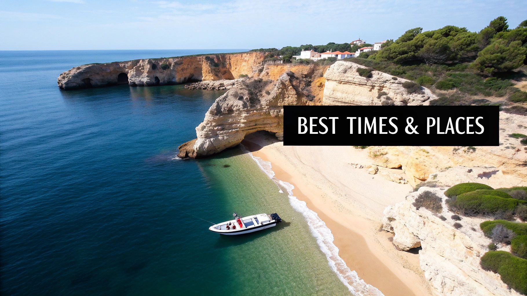 Stunning Algarve beach with limestone cliffs, turquoise water, boat and sandy shore