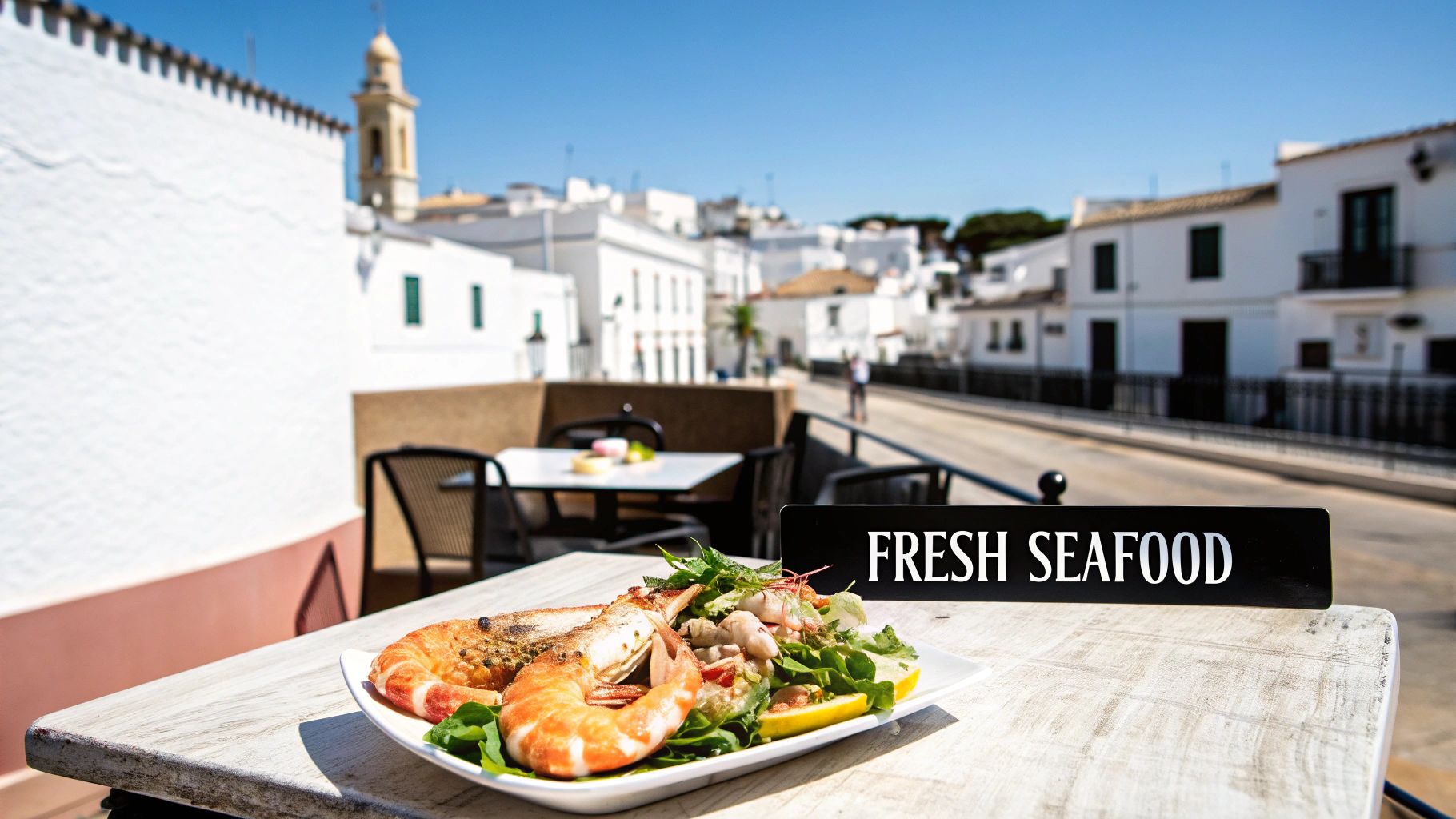 A plate of fresh prawns and salad on an outdoor table, overlooking a charming white-walled town under a blue sky.