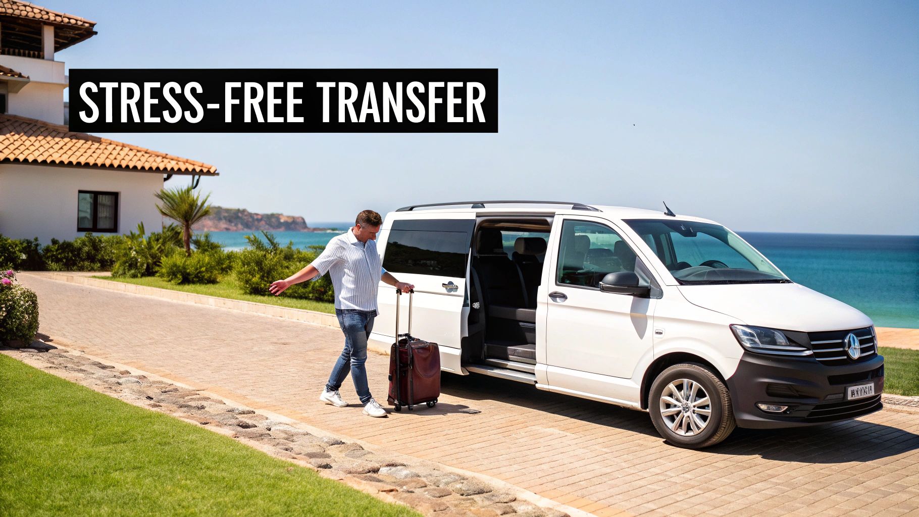 A man pulls a suitcase towards a white shuttle van, ready for a stress-free transfer by the sea.