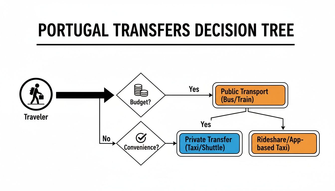 Portugal Transfers Decision Tree flowchart, guiding travelers to public transport, private transfer, or rideshare based on budget and convenience.