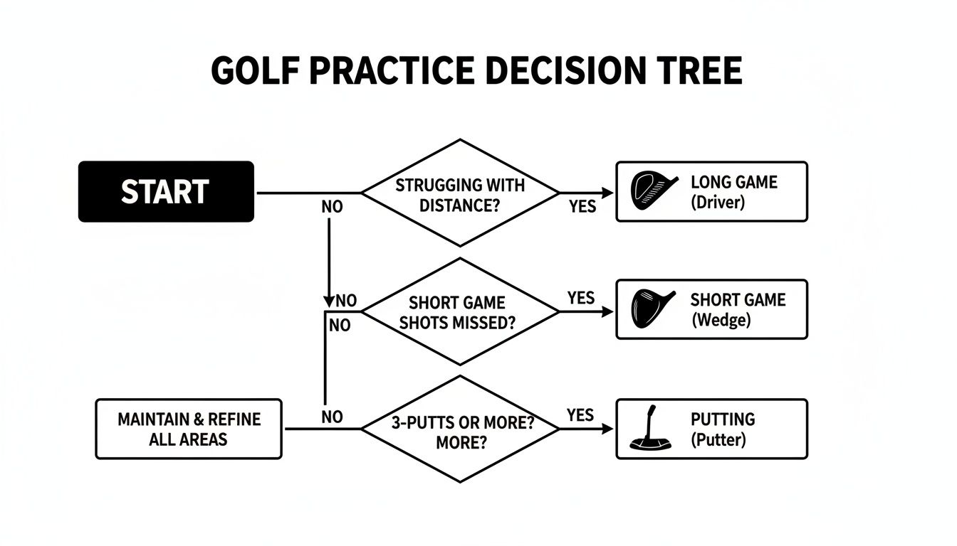 A golf practice decision tree flowchart to help players decide between long game, short game, or putting.