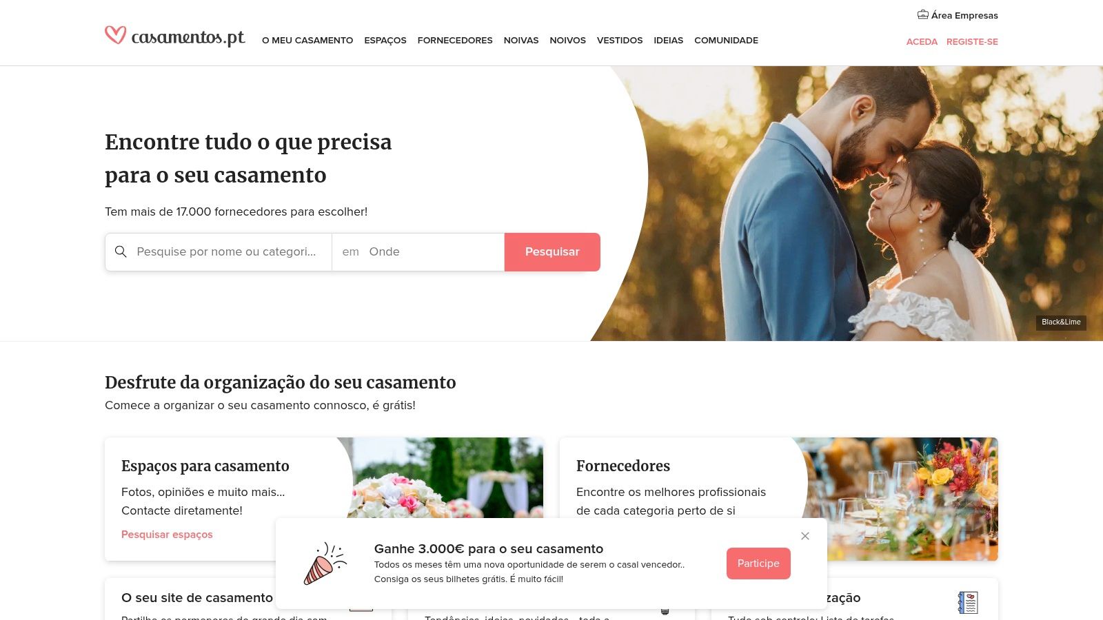 A screenshot of the Casamentos.pt website showing a featured wedding venue with a scenic backdrop.