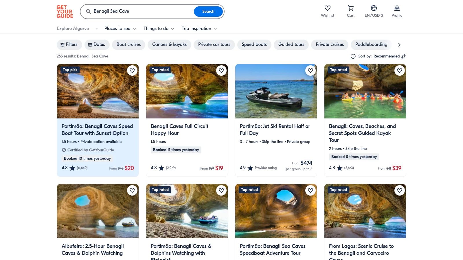 GetYourGuide website showing Algarve boat tours
