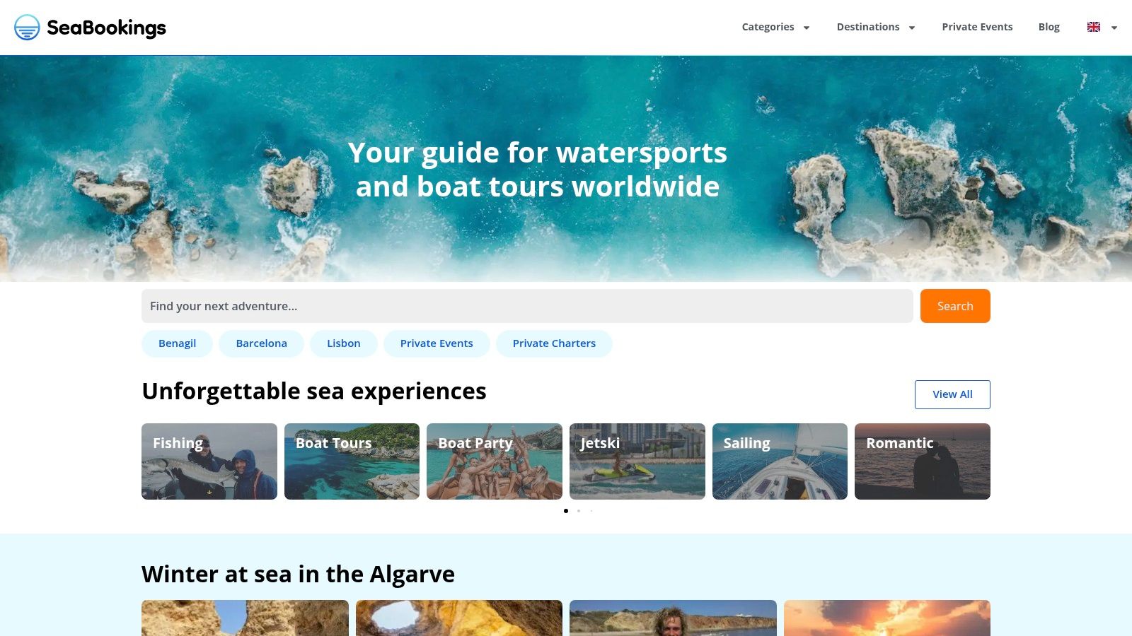 SeaBookings interface showing Algarve boat tour options