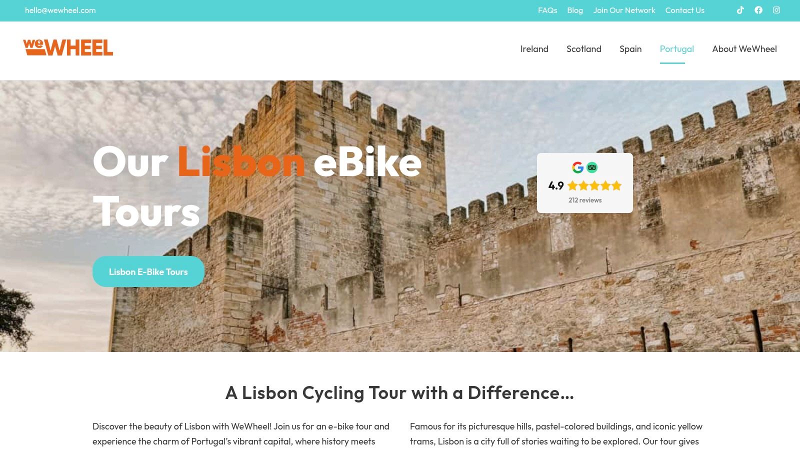 A group of e-bike riders on a WeWheel tour, pausing with a view of São Jorge Castle in Lisbon.