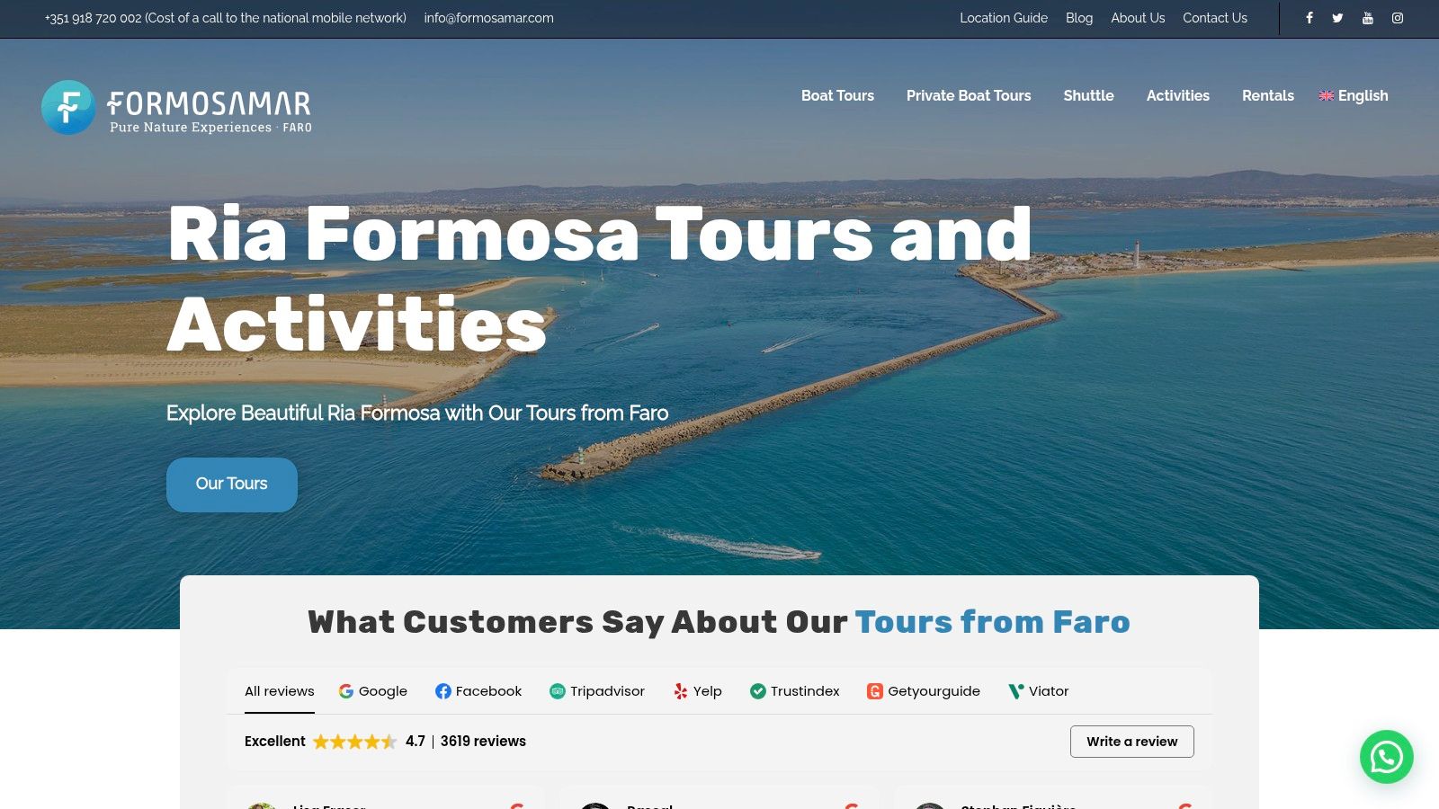 Formosamar website screenshot showing a boat tour in the Ria Formosa