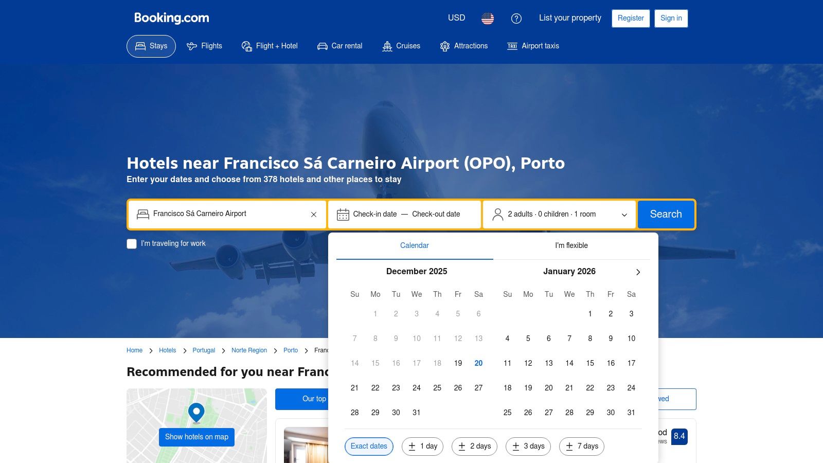Booking.com's interface showing a calendar and guest selection for finding an OPO airport hotel