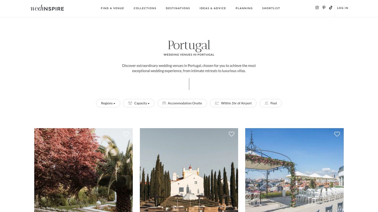 A screenshot of the Wedinspire website's Portugal section, showing a grid of visually appealing wedding venues.
