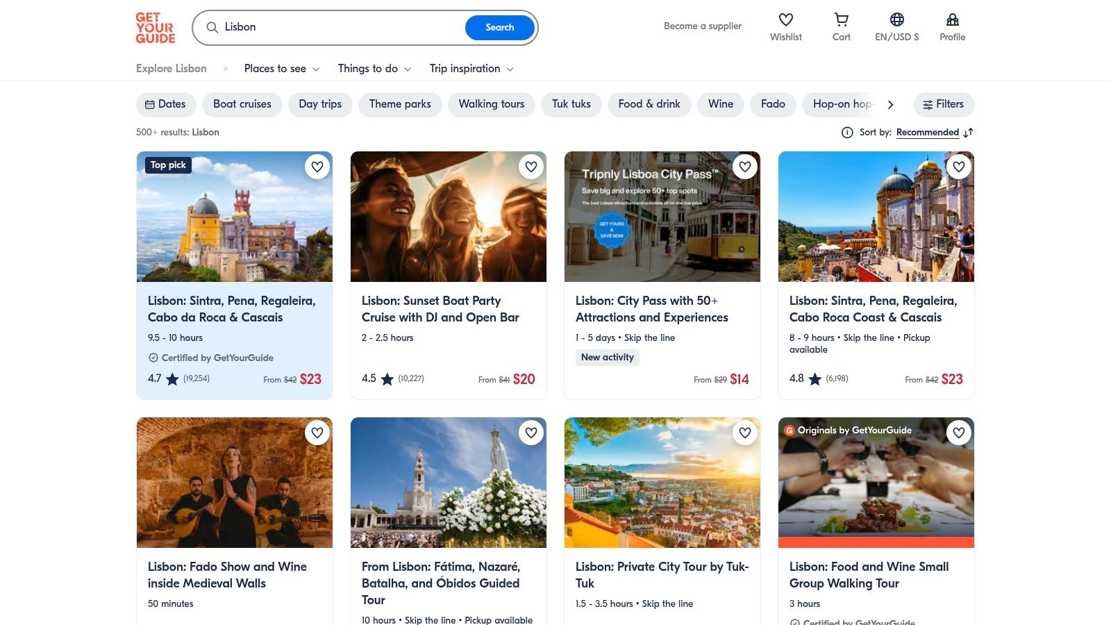 The GetYourGuide website showcasing various food tour options in Lisbon.