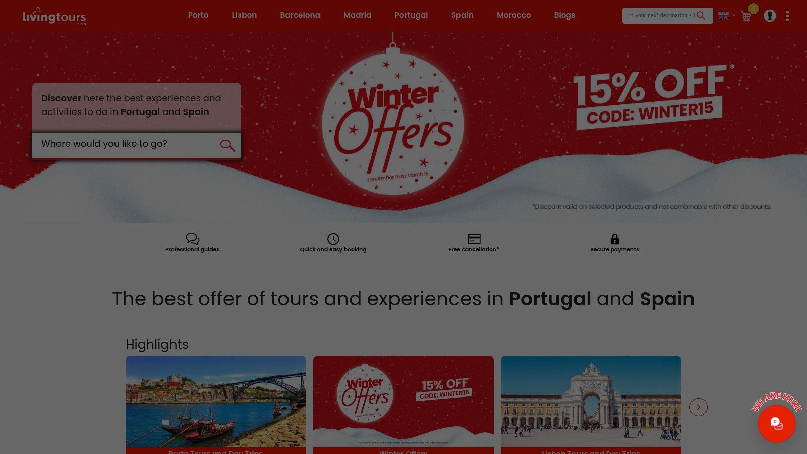 A screenshot of the Living Tours website featuring a Douro Valley wine tour offer, with images of vineyards and wine tasting.