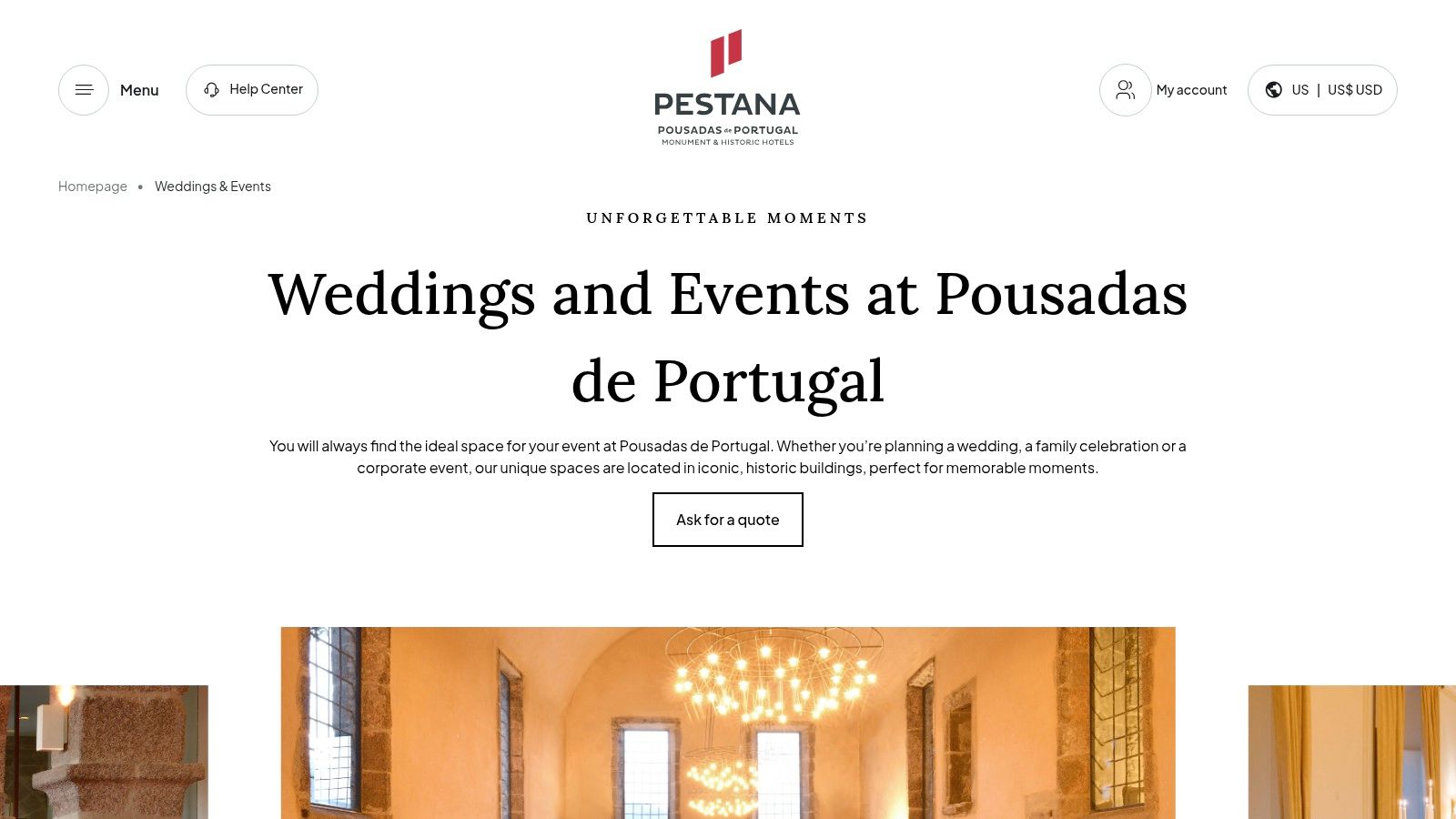 A screenshot of the Pousadas de Portugal website showing their weddings and events page with a stunning castle venue.