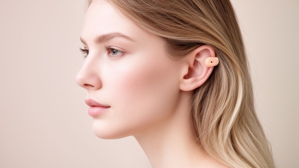 Side profile of a woman with blonde hair wearing a subtle beige hearing aid in her ear.