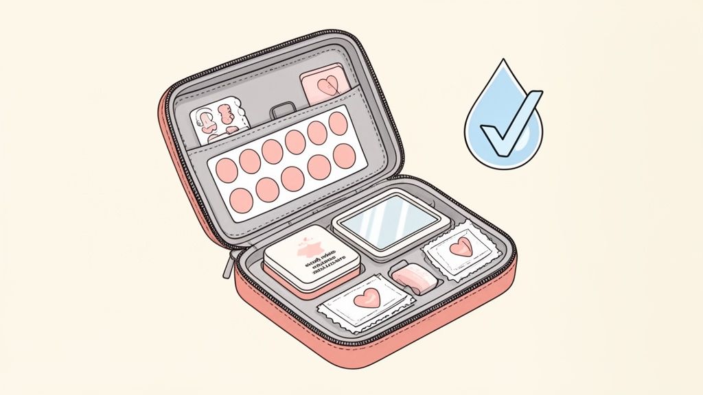 An open pink compact kit with ear stickers, a mirror, and various personal care items, next to a waterproof icon.