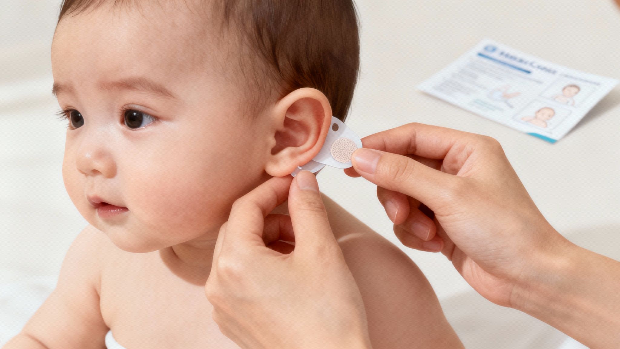 A parent gently applying an ear corrector to their baby's ear.