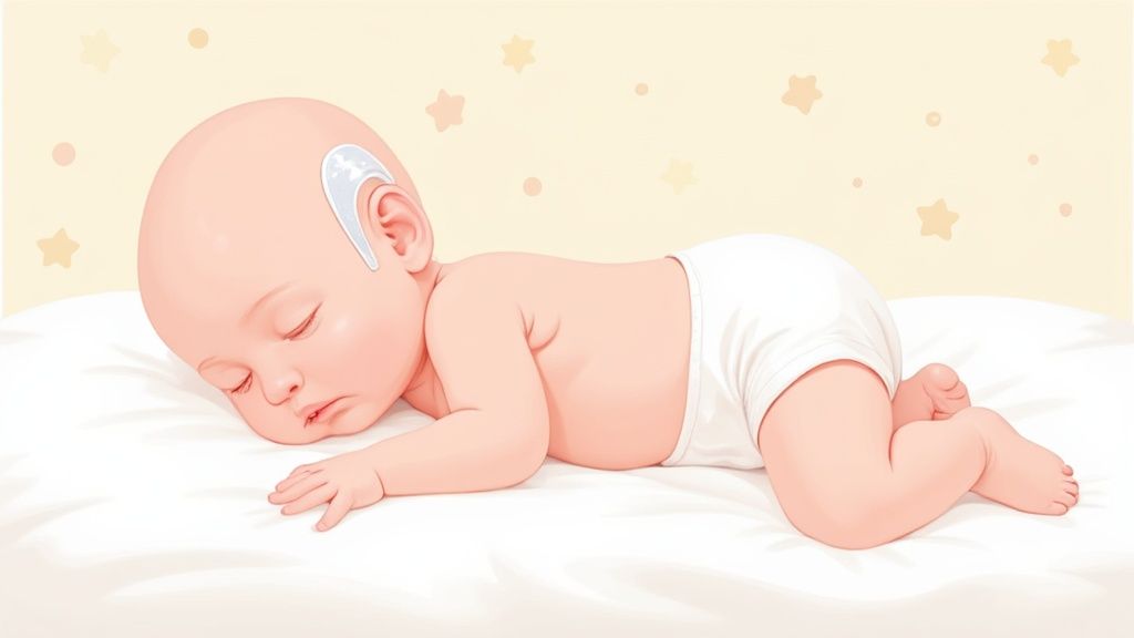 Sleeping infant wearing behind-the-ear medical device for non-surgical ear correction treatment