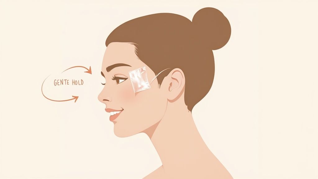 A smiling woman with a bun applies a transparent ear correction sticker, with "GENTE HOLD" text.