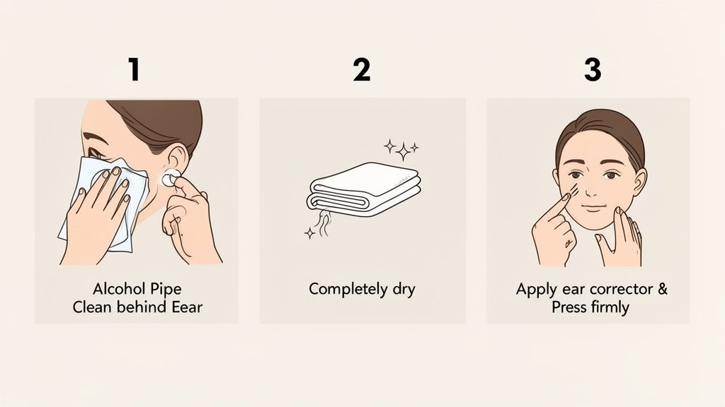 A three-step visual guide demonstrating how to clean, dry, and apply an ear corrector.