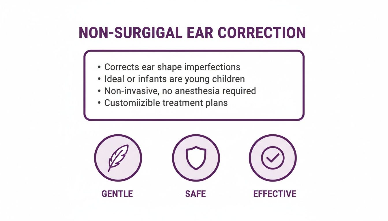 Infographic outlining non-surgical ear correction benefits: corrects shape, ideal for children, gentle, safe, and effective.