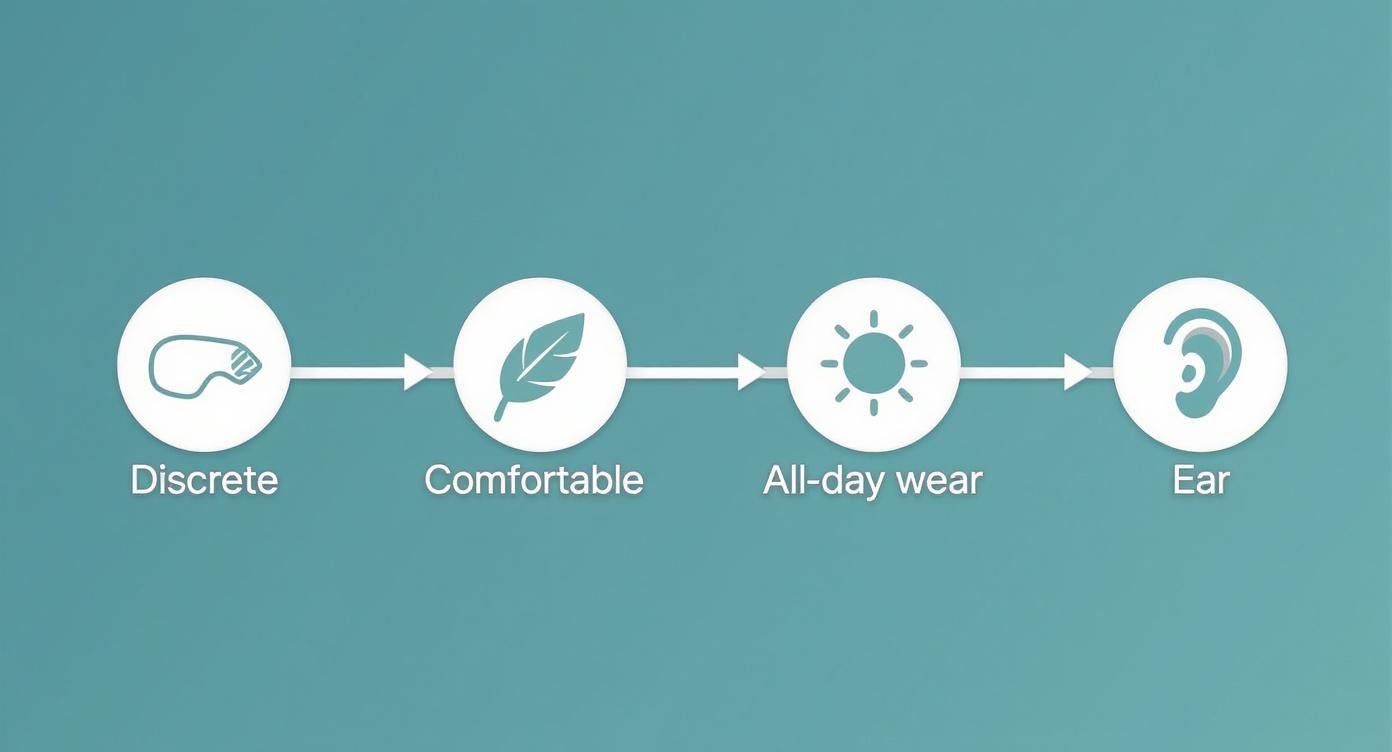 Infographic with four icons illustrating features of an ear device: discrete, comfortable, all-day wear, and ear.