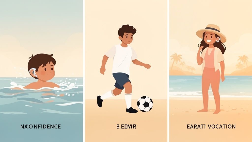 Illustrations feature a boy swimming, a boy playing soccer, and a woman on a beach, possibly using ear tapes.