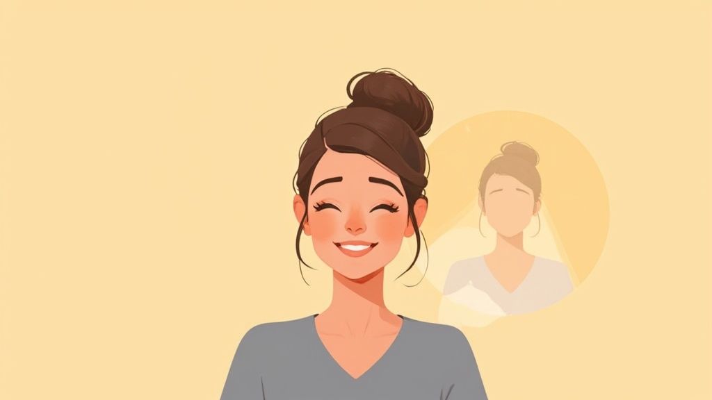 Smiling woman with hair in bun wearing gray shirt illustrated in warm tones