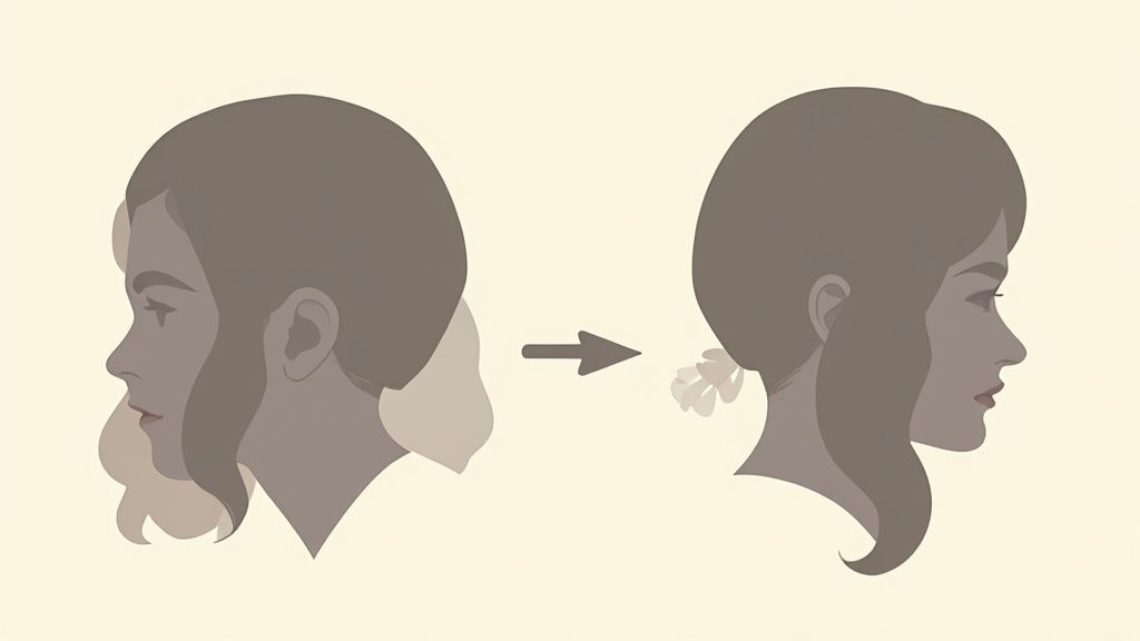 A smiling woman with her hair pulled back, demonstrating discreetly placed ear correctors.