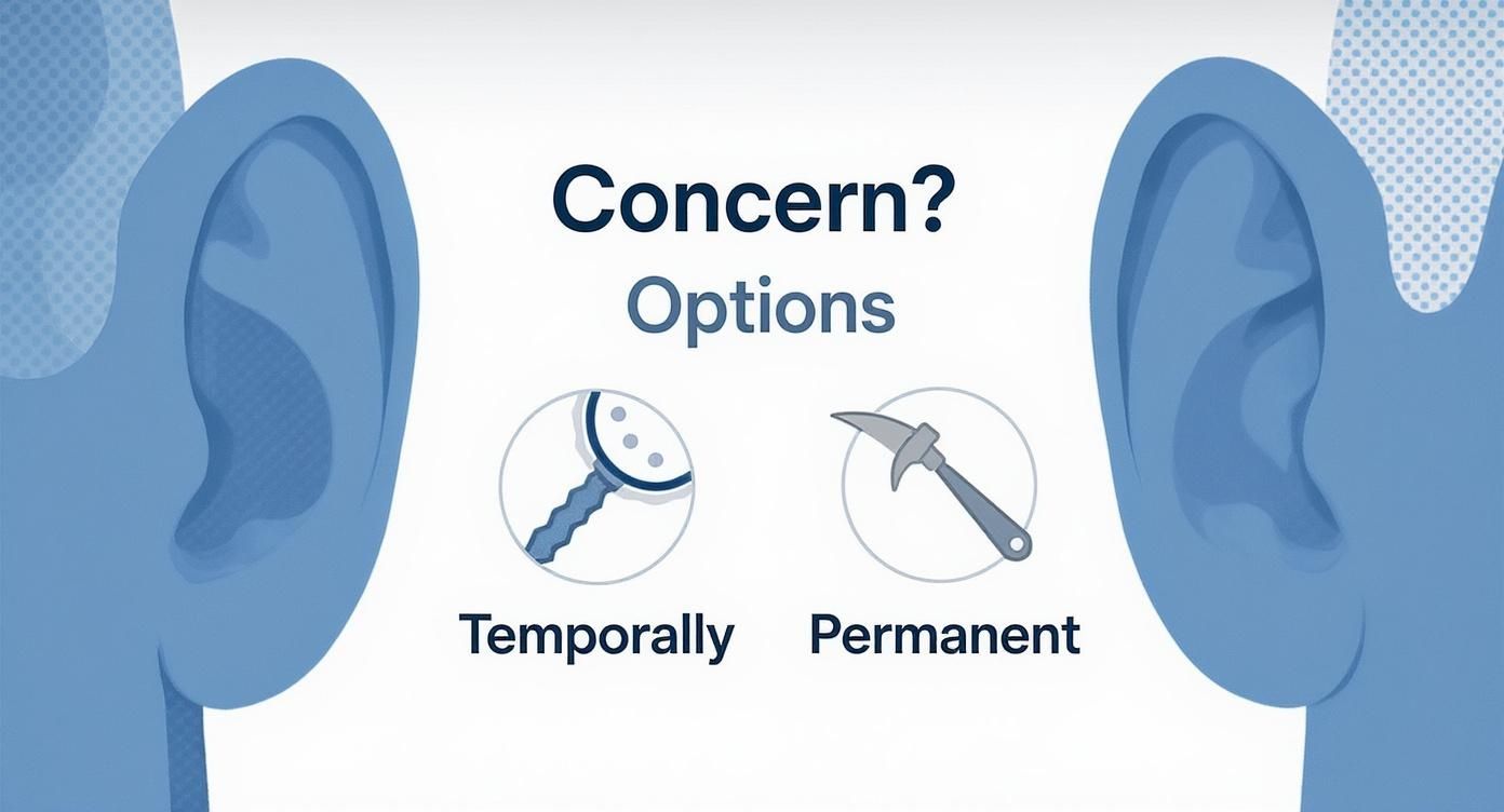 An illustration of two ears, with text 'Concern? Options' and icons for 'Temporarily' (serrated tool) and 'Permanent' (pickaxe).