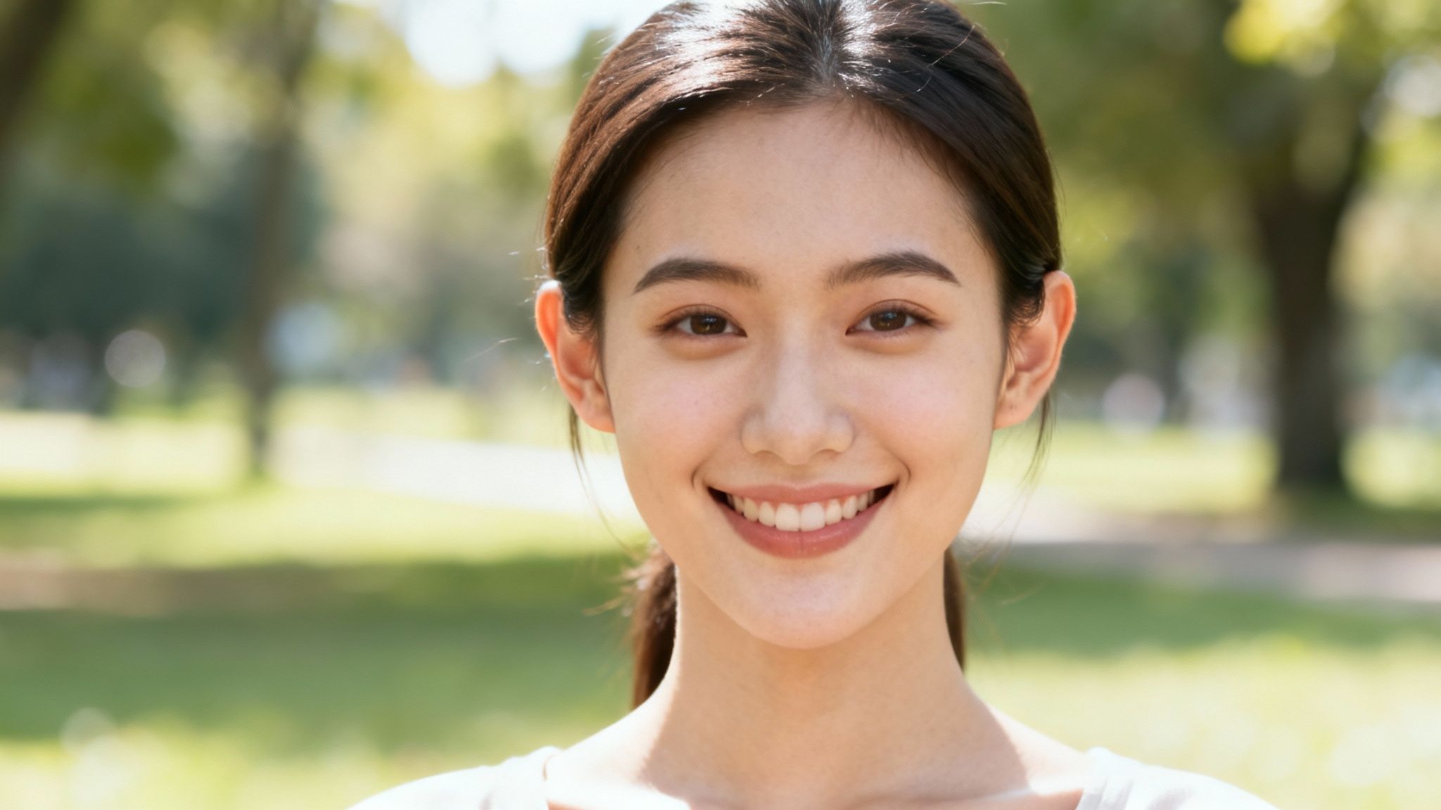 A confident person smiling, with their hair styled to show their ears.