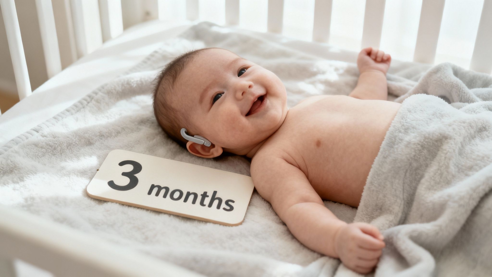 A happy baby with comfortable, discreet ear correctors in place.