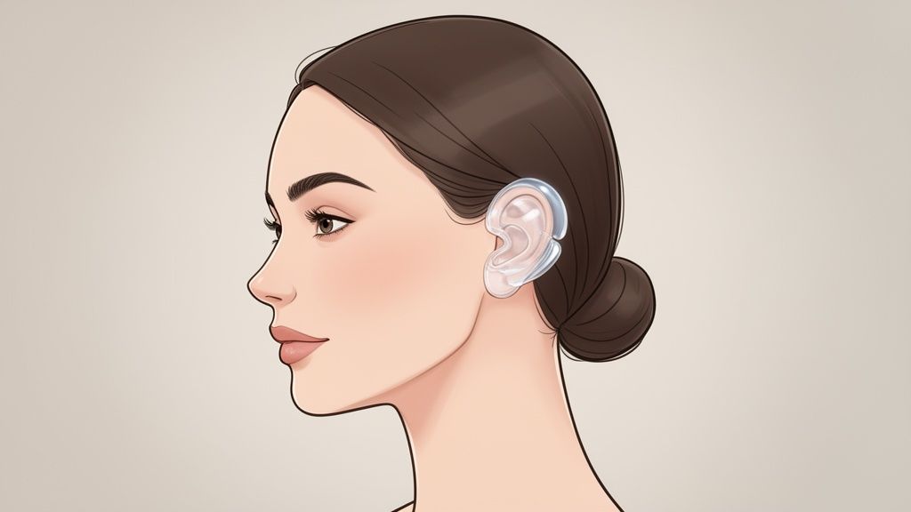 Profile of a woman with brown hair, wearing a clear aesthetic ear corrector device.