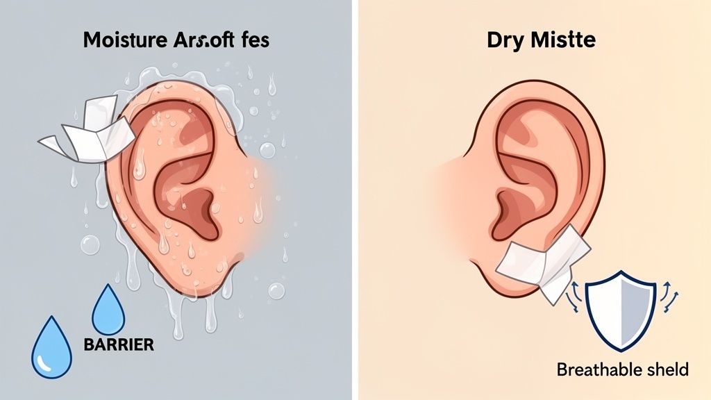 Illustration comparing ear tape performance: a wet ear with moisture barrier versus a dry ear with a breathable shield.