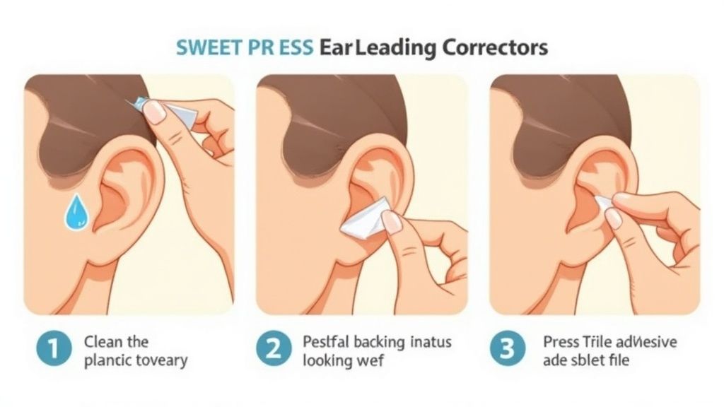 A person demonstrates the easy application of an ear corrector for a secure and invisible fit.