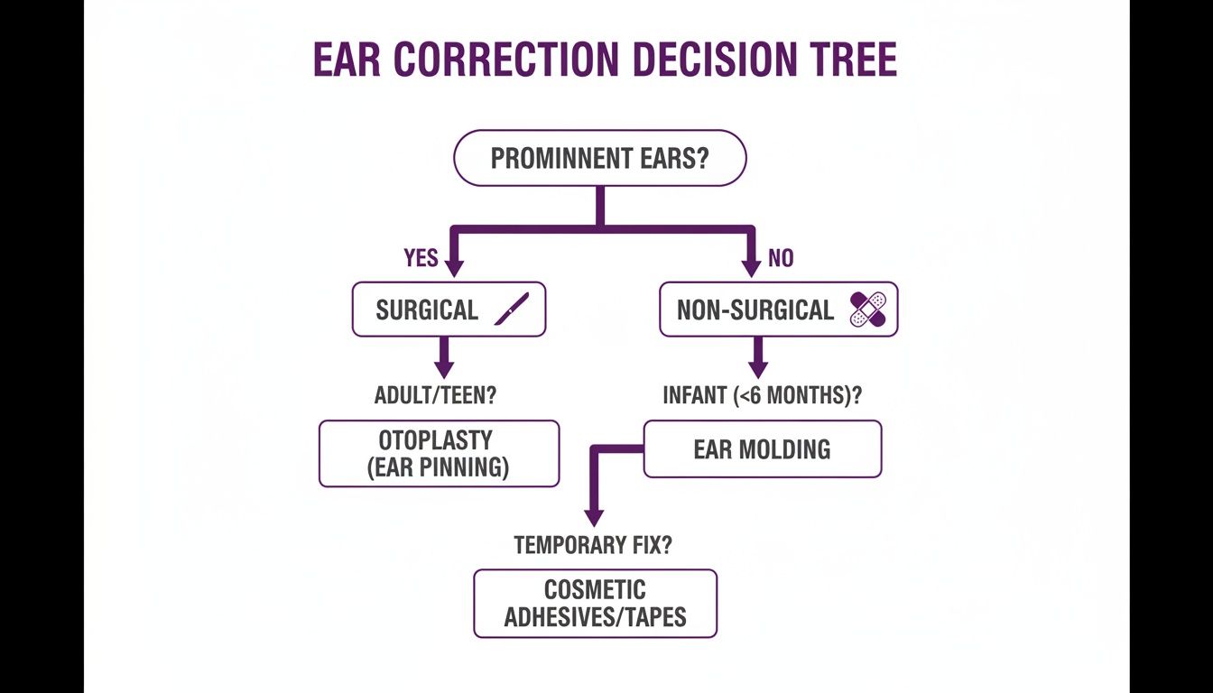 A decision tree flow chart illustrating options for ear correction, including surgical and non-surgical methods for prominent ears.