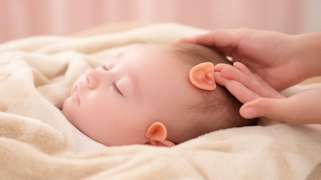 Close-up of a sleeping baby wearing ear molds, with a gentle hand caressing its head.
