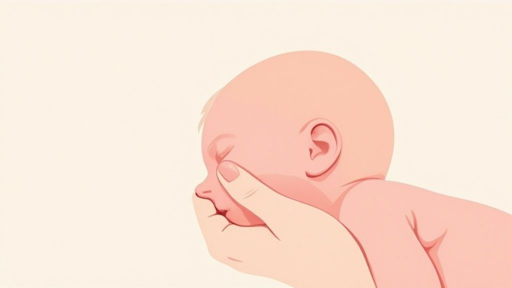 Close-up profile of a sleeping baby, gently supported by an adult's hand cupping its chin.