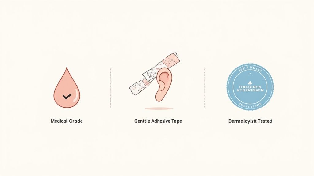 Illustrations showing medical grade quality, gentle adhesive tape for ears, and dermatologist tested product features.