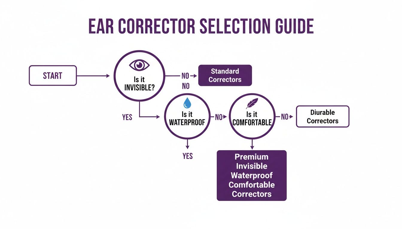 Flowchart guide for selecting ear correctors based on invisibility, waterproof, and comfort, leading to product types.