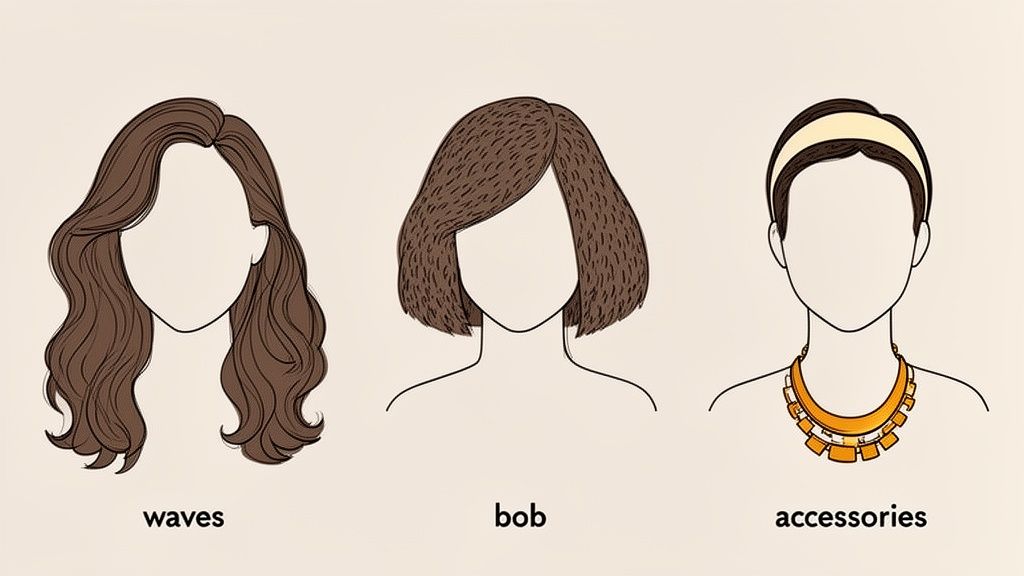 Three illustrations displaying different women's hair styles: long waves, a bob, and an updo with accessories.