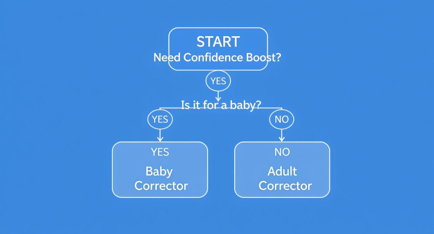 Decision flowchart showing pathway to choose between baby corrector and adult corrector for confidence boost